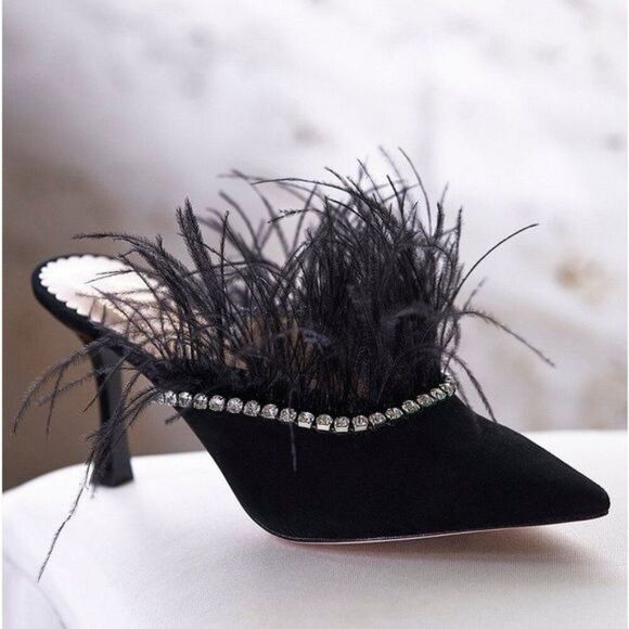 Antonio Melani x Nicola Bathie Liz Ostrich Feathers Rhinestone Suede Dress Mules - Picture 1 of 14